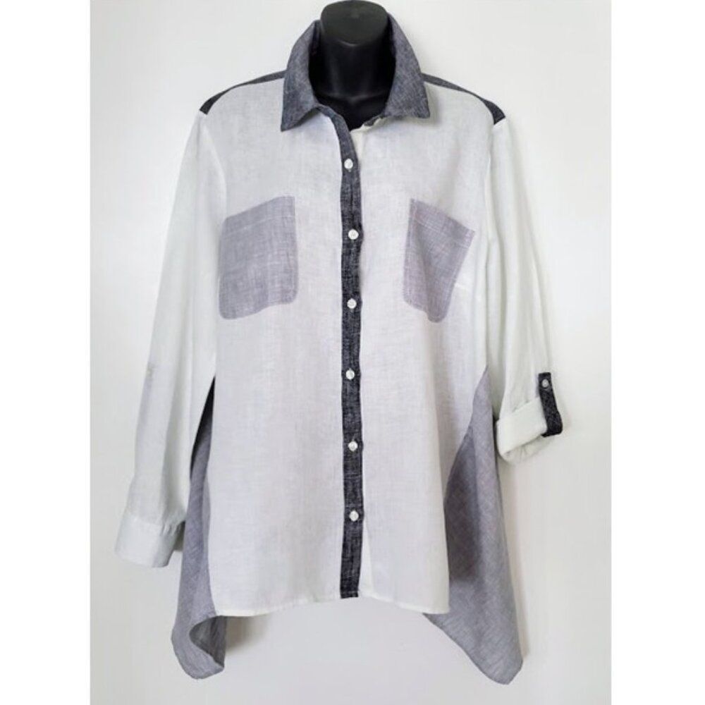 Jones New York Sport Linen Colorblock Button Down Tunic Shirt XL